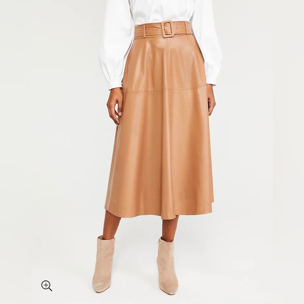 Ann Taylor Faux Leather Belted Midi Skirt SZ 10